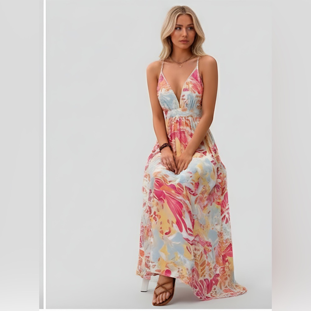 Criss Cross Tropical Print Maxi Dress - Picture 2 of 8